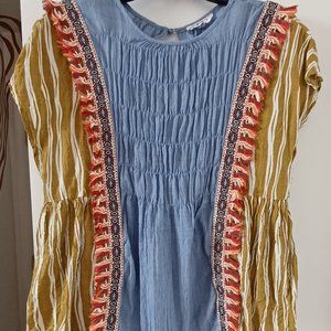 THML Patterned Ruched Blouse w/Fringe Sz Sm